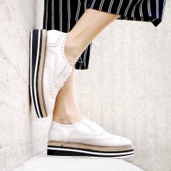 Platform Brogue-Trim Leather Oxfords in White